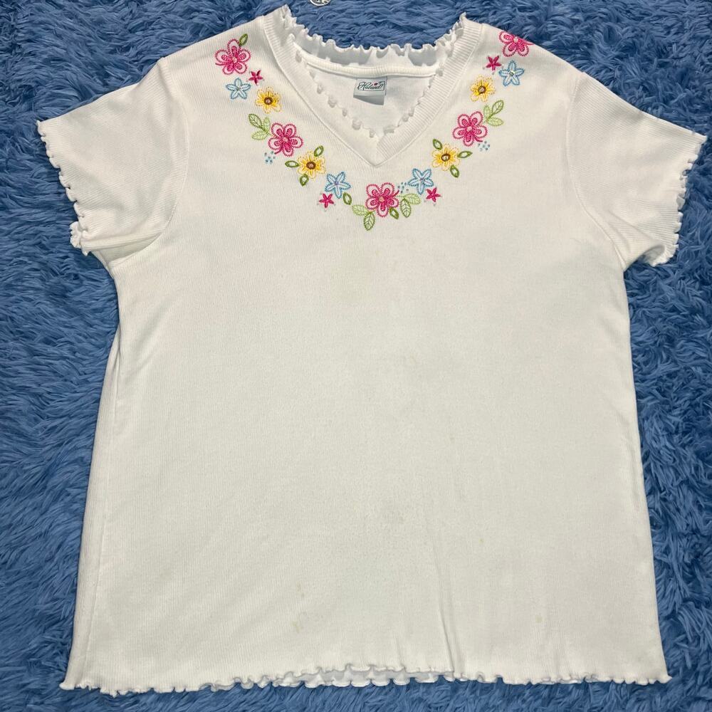 Haband Floral V Neck Collard Shirt Size Medium Womens Cute Flower Colorful